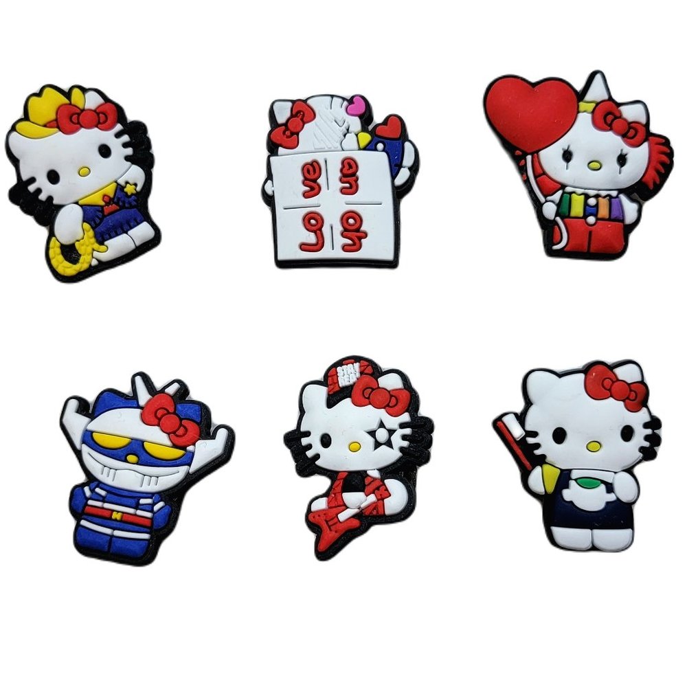 SET OF 6 HELLO KITTY CROCS JIBBITZ CROC CHARMS CLOWN COWGIRL DENTIST LOVE ROBOT